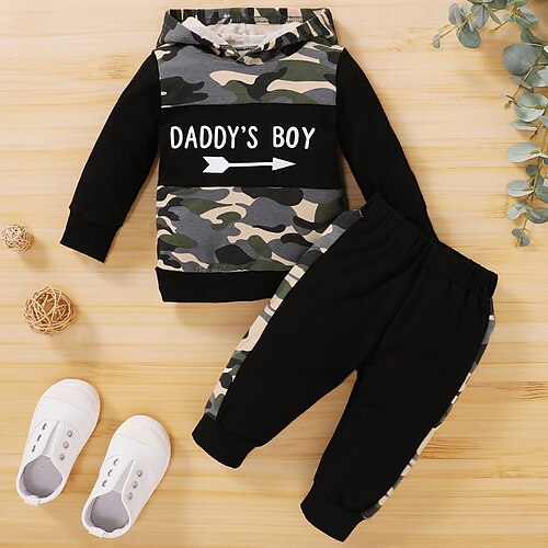 

2 Pieces Kids Boys Clothing Set Outfit Letter Camouflage Long Sleeve Patchwork Cotton Set Outdoor Daily Casual Winter Fall 1-4 Years Black