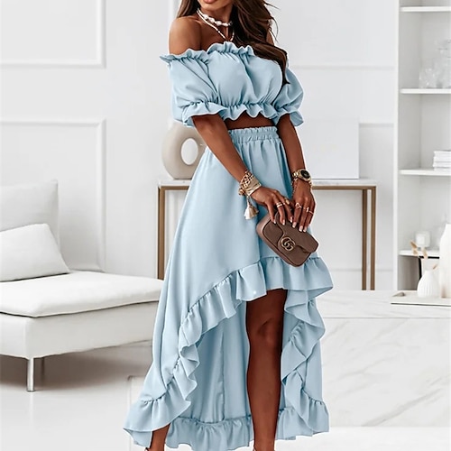 

Women's Dress Set Two Piece Dress Midi Dress Blue Pink Red Short Sleeve Pure Color Ruffle Spring Summer Off Shoulder 2022 S M L XL