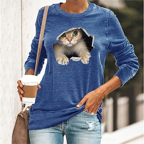 

Women's T shirt Tee Green Blue Yellow Graphic Cat Print Long Sleeve Daily Round Neck Regular 3D Cat S