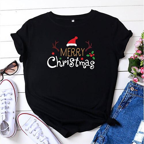 

Women's Painting T shirt Leopard Reindeer Christmas Tree Print Round Neck Basic Tops Black Khaki Red