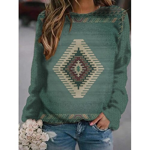 

Women's Sweatshirt Pullover Ethnic Streetwear Front Pocket Print Green Geometric Daily Round Neck Long Sleeve S M L XL XXL / 3D Print