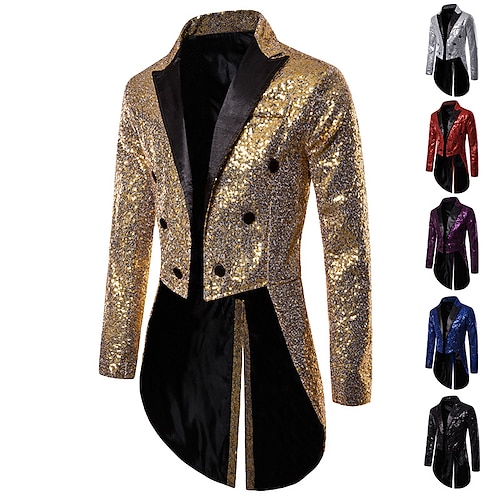 Men's Blazer Tuxedo Cocktail Party Festival Thermal Warm Breathable Sequins Pocket Summer Spring Autumn Solid Color Streetwear Casual Peaked Lapel Regular Regular Fit Silver Black Red Navy Blue Purple