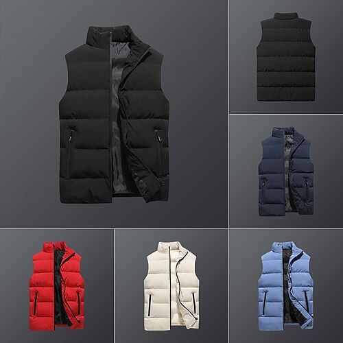 

Men's Puffer Vest Winter Jacket Winter Coat Warm Casual Solid Color Outerwear Clothing Apparel Black Blue Royal Blue