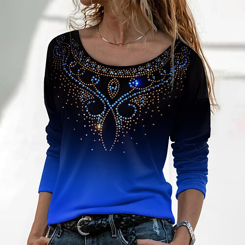

Women's T shirt Tee Green Blue Purple Graphic Color Gradient Print Long Sleeve Casual Daily Basic Vintage Round Neck Regular Painting S / 3D Print