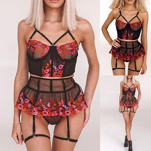 

Women's Sexy Lingerie Sets Home Bed Wedding Party Embroidery Mesh Adjustable Pure Color Spandex Lovers Romantic Fashion Fall Winter Spring