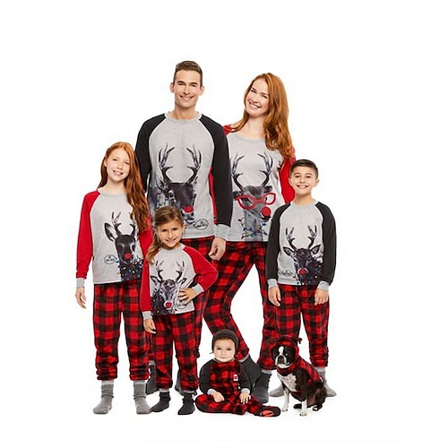 

Christmas Pajamas Ugly Family Sets Sibling Suit Cotton Plaid Deer Christmas pattern Christmas Gifts Print Gray Long Sleeve Mom Dad and Me Active Matching Outfits Homes Fall Winter Casual