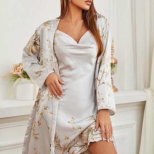 

Women's Pajamas Robes Gown Nightgown Sets 2 Pieces Flower Plant Simple Hot Comfort Home Daily Bed Satin Breathable Gift V Wire Sleeveless Fall Spring Gray / Silk / Pjs / Print