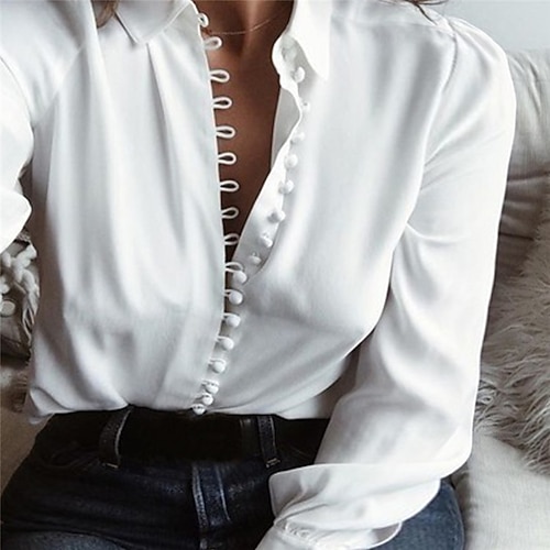 

Women's Plus Size Tops Shirt Plain Button Long Sleeve Shirt Collar Streetwear Daily Work Spring Fall White Pink