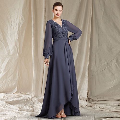 

A-Line Mother of the Bride Dress Elegant V Neck Sweep / Brush Train Asymmetrical Tea Length Chiffon Lace Long Sleeve with Pleats Appliques 2022