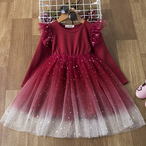 

Kids Little Girls' Dress Galaxy Graphic A Line Dress Birthday Daily Performance Ruched Mesh Lace Red Navy Blue Cotton Knee-length Long Sleeve Elegant Princess Cute Dresses Fall Summer Regular Fit