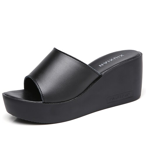 

Women's Mules Daily Wedge Sandals Platform Sandals Heeled Mules Platform Wedge Heel Open Toe Leather Loafer Solid Colored Black White