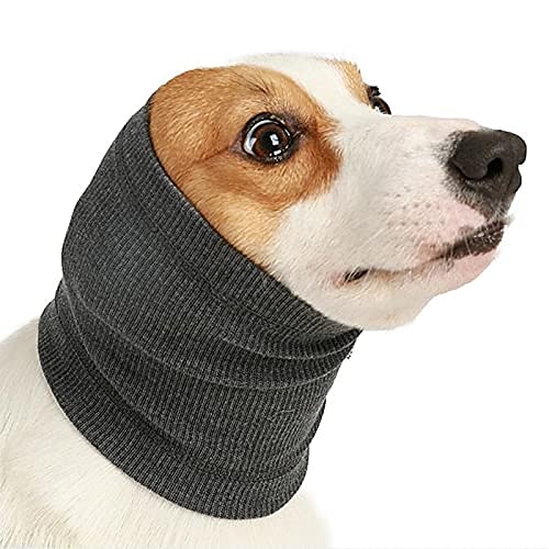 

Stretchy Dog Head Warp Ears Cover for Anxiety Relief Reduce Noise, Cat Small Medium Large Dog Neck Warmer Outdoor Adventures, Calming Puppy Head Sleeve Grooming Force Drying Bathing Blowing, Grey, M