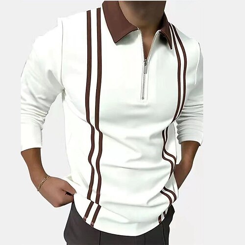 

Men's Collar Polo Shirt Golf Shirt Striped Turndown Brown Outdoor Casual Long Sleeve Zipper Print Clothing Apparel Fashion Sportswear Casual Comfortable / Winter / Fall / Winter