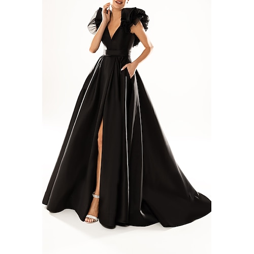 

A-Line Empire Sexy Wedding Guest Formal Evening Dress V Neck Sleeveless Court Train Satin with Slit Pure Color 2022