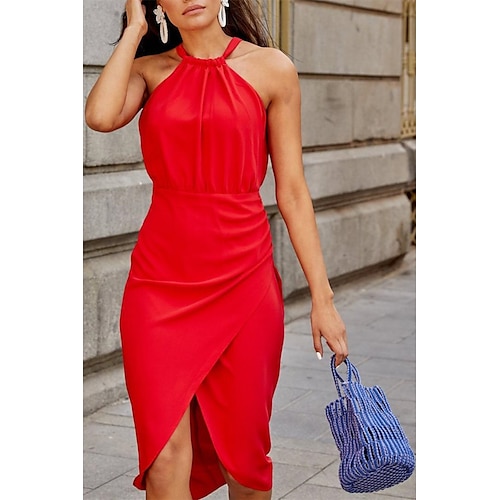 

Sheath / Column Minimalist Elegant Graduation Engagement Dress Halter Neck Sleeveless Knee Length Chiffon with Slit 2022