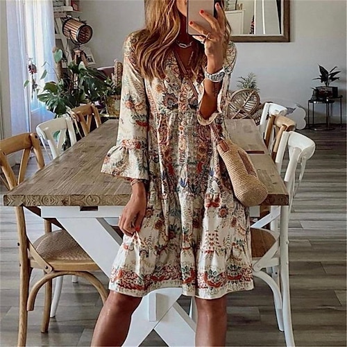 Damen A Linie Kleid Minikleid Khaki Langarm Blumen Gerüscht Bedruckt Herbst Frühling V-Ausschnitt Alltag Urlaub Boho Aufflackern-Hülsen- 2022 S M L XL XXL 3XL