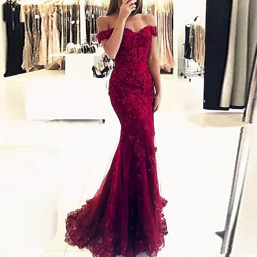 

Mermaid / Trumpet Sexy Prom Formal Evening Valentine's Day Dress Off Shoulder Short Sleeve Sweep / Brush Train Polyester with Beading Sequin Appliques 2022