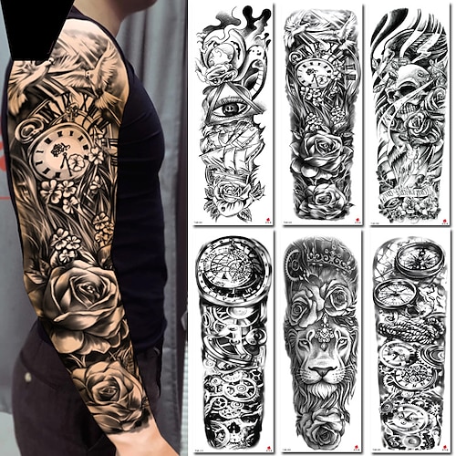 

6 pcs Full Arm Temporary Tattoos Sleeve For Men Women Realistic Fake Tatoos Warrior Lion Tiger Flower Tatoo Sticker Black Totem Maori