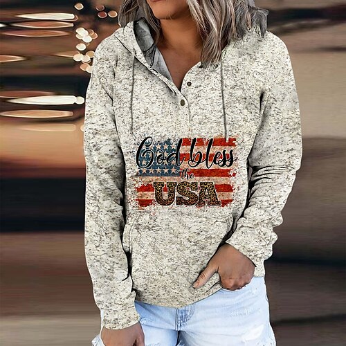 

Women's Hoodie Sweatshirt Pullover Active Streetwear Front Pocket Print Gray American US Flag Daily Hooded Long Sleeve S M L XL XXL