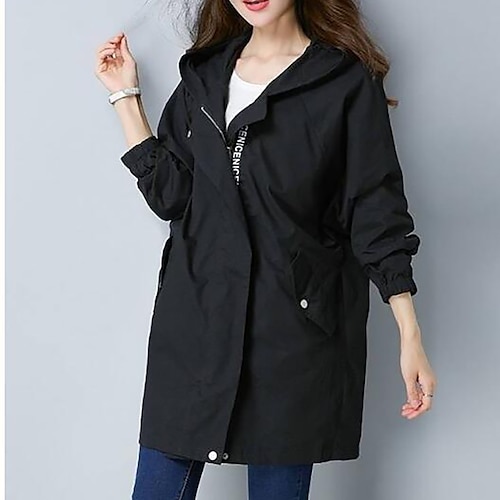 

Women's Trench Coat Hoodie Jacket Outdoor Street Daily Fall Winter Regular Coat Regular Fit Warm Breathable Cute Casual Jacket Long Sleeve Solid Color Pocket Black Light gray