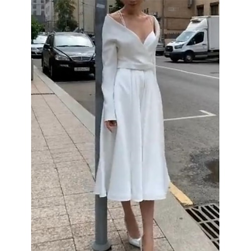 

Two Piece A-Line Wedding Dresses V Neck Spaghetti Strap Tea Length Stretch Fabric Sleeveless Country Simple Little White Dress with Pleats 2022