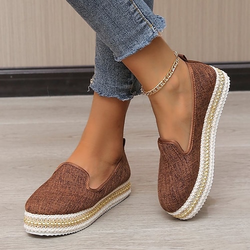 

Dame Slip-Ons Loafers Espadriller Klassiske Loafers utendørs Daglig Flat hæl Rund Tå Klassisk Fritid Lerret Syntetisk Tøfler Helfarge Svart Brun