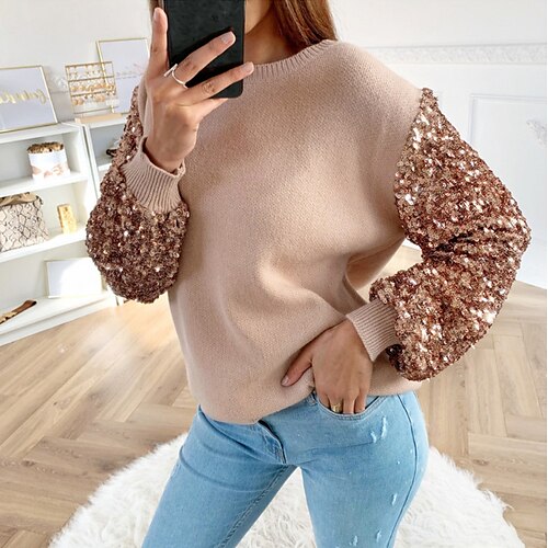

Women's Blouse Shirt Pink Plain Sequins Long Sleeve Daily Weekend Streetwear Round Neck Regular Cotton S