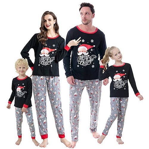 

Christmas Pajamas Ugly Family Set Santa Claus Christmas pattern Letter Homes Print Black Long Sleeve Mom Dad and Me Active Matching Outfits