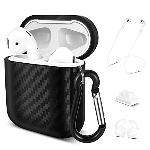 

TNP Soft Protective Case Cover for Apple AirPods 1/2 Gen, Cute Skin w/Carabiner Clip Keychain Strap Ear Hook Accessories Compatible with Airpod 1st 2nd Generation Girl Women Men (Carbon Fiber Black)