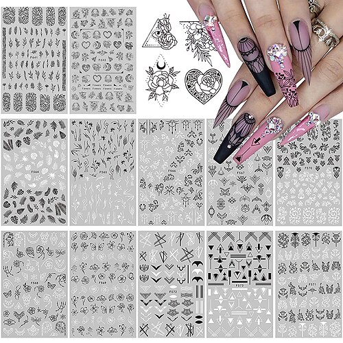 

12 Sheets Black White Nail Art Sticker Leaves Retro Flower Vine Pattern Decals French Classic Simple Self Adhesive Decals For Girl Women Nails Art Diy Decoration Christmas Nail Wrap