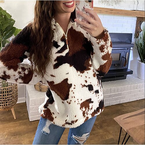 

Women's Sweatshirt Pullover Active Streetwear Print Brown Animal Daily Half Zipper Long Sleeve S M L XL XXL