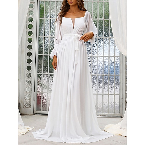 

A-Line Wedding Dresses Square Neck Sweep / Brush Train Chiffon Long Sleeve Country Simple with Sashes / Ribbons 2022