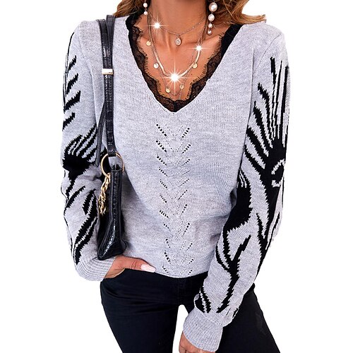 

Women's Pullover Sweater Jumper Ribbed Knit Knitted Print Floral Stand Collar Stylish Casual Daily Holiday Fall Winter Gray M L XL / Long Sleeve
