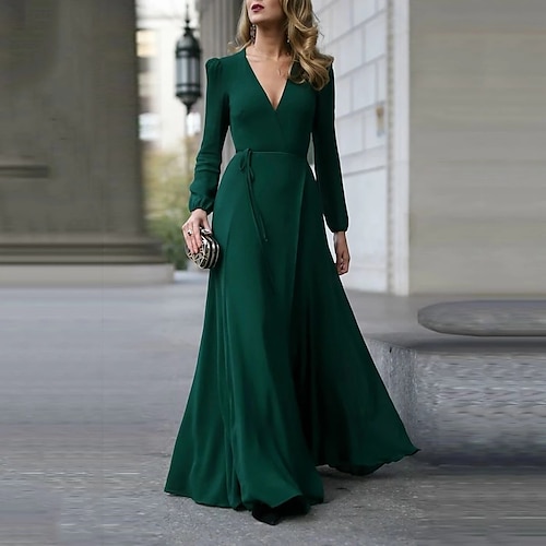 

A-Line Minimalist Elegant Wedding Guest Formal Evening Dress V Neck Long Sleeve Floor Length Stretch Chiffon with Pure Color Strappy 2022