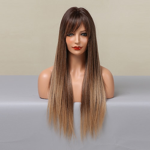 

28 Inch Synthetic Wig Women's Wig Gradient Color with Brown Long Straight Hair With Bangs Fashion Daily Party Cosplay