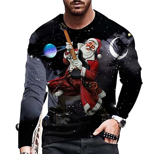 

Men's Unisex Christmas T shirt 3D Print Graphic Prints Santa Claus Print Long Sleeve Tops Casual Designer Big and Tall Black