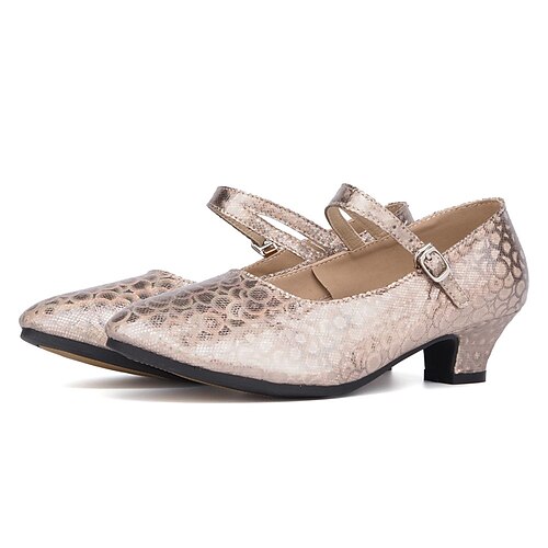

Women's Modern Shoes Ballroom Shoes Performance Practice Outdoor Heel Glitter Cuban Heel Closed Toe Champagne Silver Gold Buckle Adults'