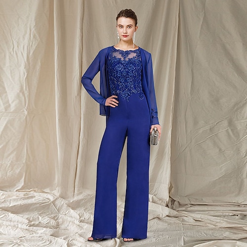 

Two Piece Jumpsuits Mother of the Bride Dress Elegant Jewel Neck Floor Length Chiffon Lace Sleeveless Wrap Included with Beading Appliques 2022