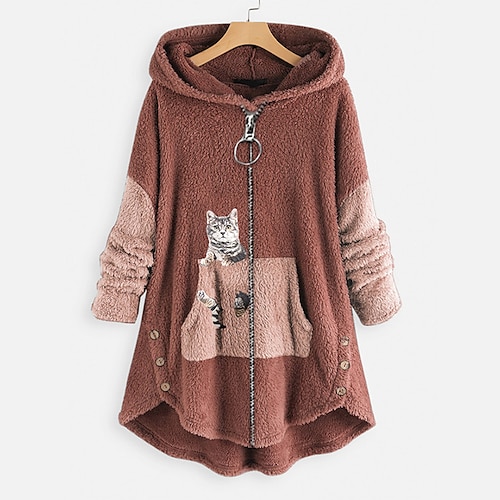 

Women's Teddy Coat Sherpa jacket Fleece Jacket Hoodie Jacket Daily Fall Winter Regular Coat Loose Fit Warm Active St. Patrick's Day Jacket Long Sleeve Cat Print Dark Grey Green Gray