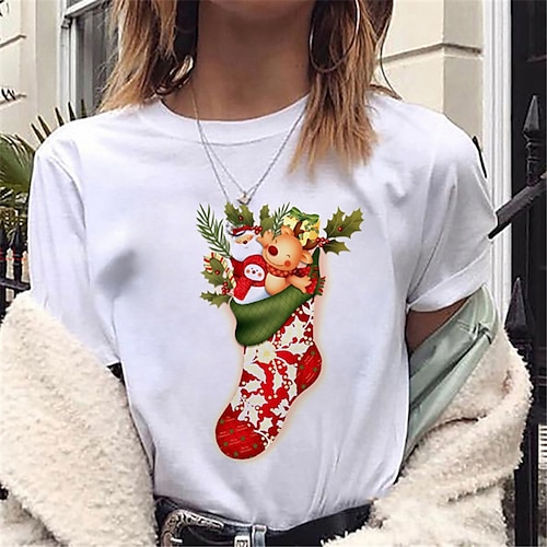 

Women's T shirt Tee Green Red Brown Santa Claus Snowman Print Short Sleeve Gift Casual Basic Round Neck Regular Painting S