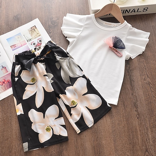 

2 Pieces Kids Girls' Clothing Set Outfit Solid Color Floral Sleeveless Ruffle Cotton Set Daily Casual Summer 2-8 Years White
