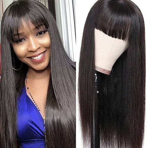 

Cheveux Naturel humain Perruque Longue Droit Avec Frange Naturel Soirée Meilleure qualité Nouvelle arrivee Sans bonnet Cheveux Brésiliens Femme Noir naturel #1B 10 pouces 30 CM 35 CM du quotidien