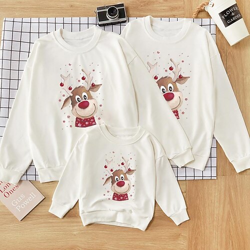 

Family Ugly Christmas Tops Sweatshirt Pullover Cotton Cartoon Deer Christmas Gifts Print White Long Sleeve Basic Matching Outfits Fall Spring Cute