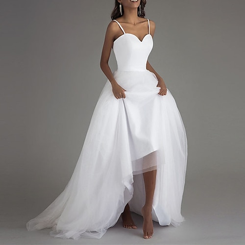 

A-Line Wedding Dresses Sweetheart Neckline Spaghetti Strap Sweep / Brush Train Tulle Sleeveless Country Simple with Solid Color 2022