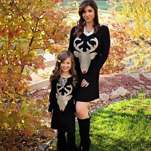 

Mami y yo Navidad Vestidos Algodón Gráfico Venados Animal Deporte Estampado Negro Manga Larga Midi Vestido estilo camiseta Adorable Trajes a juego / Otoño / Primavera / Estilo lindo