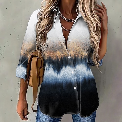 

Women's Blouse Shirt Navy Blue Tie Dye Button Print Long Sleeve Casual Daily Basic Streetwear Casual Shirt Collar Regular S