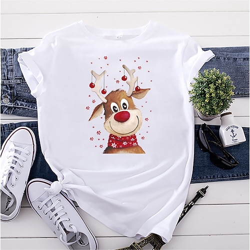 

Women's Painting T shirt Snowflake Reindeer Print Round Neck Basic Tops Blue Pink Wine