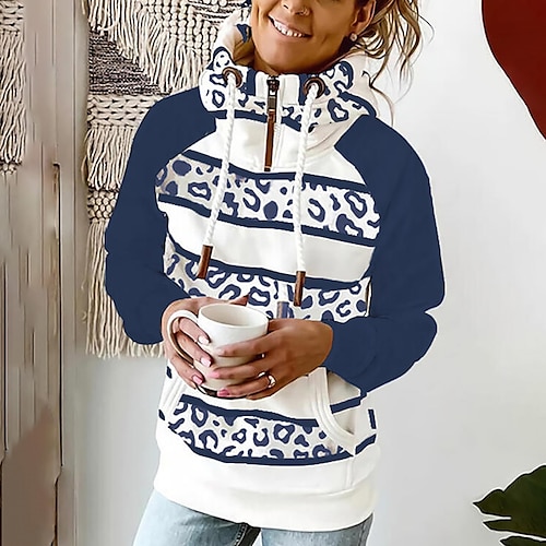 

Women's Pullover Hoodie Sweatshirt Hooded Leopard Striped Front Pocket Quarter Zip Daily Sports 3D Print Active Streetwear Clothing Apparel Hoodies Sweatshirts Blue Red