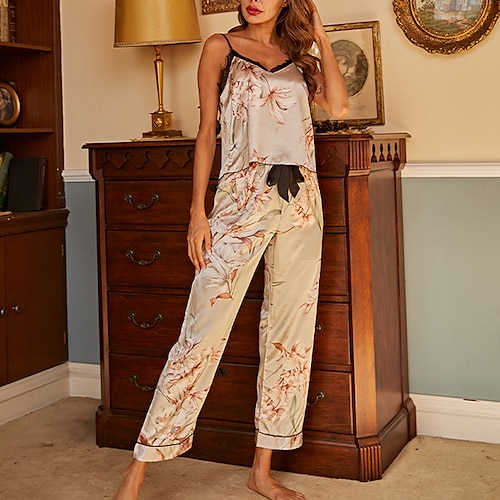 

Women's Pajamas Sets Nighty Pjs 2 Pieces Flower Fashion Comfort Home Daily Bed Satin Breathable Gift V Wire Sleeveless Strap Top Pant Elastic Waist Spring Summer Gray Black / Silk / Print