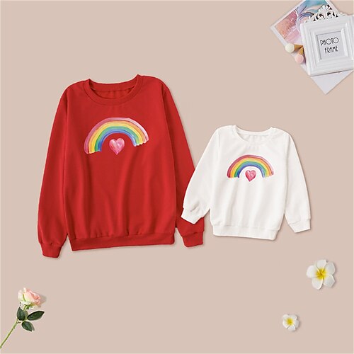 

Mommy and Me Tops Sweatshirt Rainbow Heart Daily Print Black White Red Long Sleeve Mommy And Me Outfits Cute Matching Outfits